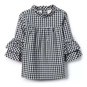 Janie and Jack Gingham Ruffle Top Navy Gingham 100% Cotton Ruffle Sleeves size 8
